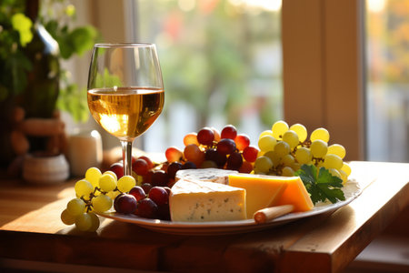 Delectable Appetizers, Artisanal Cheese Platter, Fresh Grapes, and a Glass of Crisp White Wineの素材