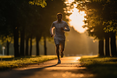 Morning Vitality. Middle-Aged Man Energizing with an Outdoor Run in Bright, Sunny Summer Ambianceの素材