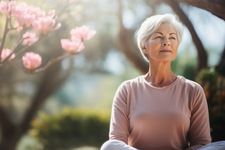 Active Elderly Woman Practicing Outdoor Relaxation in Bright Spring Daylight Photoの素材