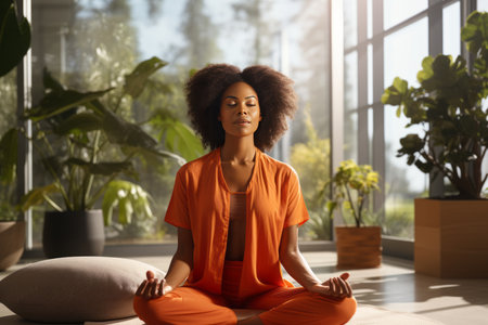 Sunlit Yoga. African American Woman Practices Relaxation at Home with Panoramic Windowsの素材