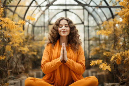 Serene Young Woman Practicing Relaxation Yoga in Tranquil Greenhouse with Warm Autumnal Bright Lightの素材