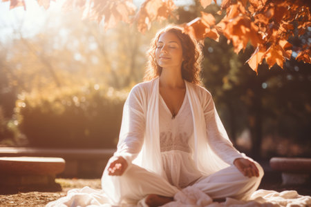 Autumn Yoga Serenity. Young Woman Engaging in Outdoor Relaxation, Embracing the Tranquil Energy of the Seasonの素材