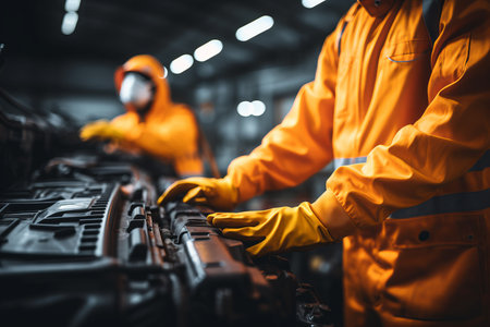 Car Mechanic Expertly Repairing and Maintaining Vehicle Battery at Reliable Auto Service Centerの素材