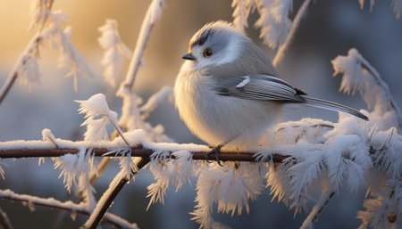 Adorable avian perched on frosty branch in serene winter wonderland, embodying holiday spirit.の素材