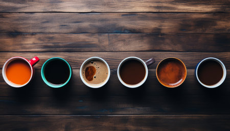 Inviting and warm overhead view of multiple coffee mugs artfully arranged on a rustic wooden tableの素材