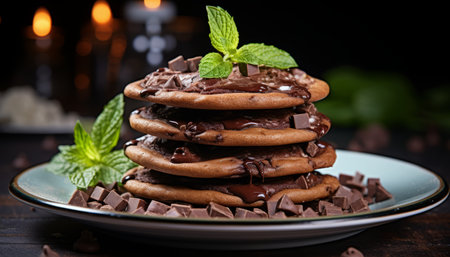 Decadent chocolate chip cookies with generous chocolate chips, artfully arranged on a plateの素材