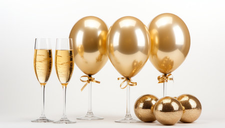 Golden christmas celebration with champagne glass and twinkling lights on white background.の素材