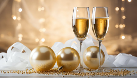 Golden christmas celebration with champagne glass and twinkling lights on starry background.の素材