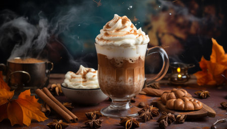 Captivating image of a spiced winter delight indulgent iced chai latte with velvety milk foamの素材