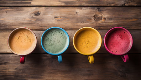 Various coffee mugs arranged on a rustic wooden table   top view of a cozy morning coffee sceneの素材