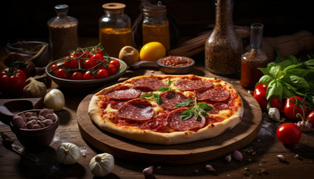 Mouthwatering pepperoni pizza with golden crust, bubbling cheese, and savory pepperoni slicesの素材
