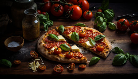 Mouthwatering pepperoni pizza with golden crust and bubbling cheese   a perfectly baked delightの素材