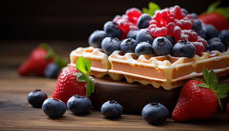 Irresistible berry topped waffles, a mouthwatering sweet treat to satisfy your cravingsの素材