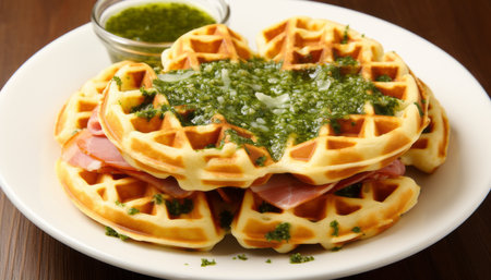 Delicious ham and cheese waffles, golden and flavorful, beautifully plated for pure enjoymentの素材
