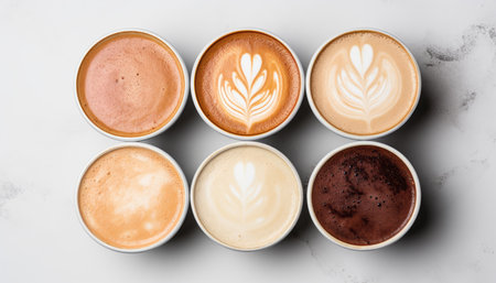 Variety of coffee mugs arranged on a white stone table, captured from an overhead perspectiveの素材