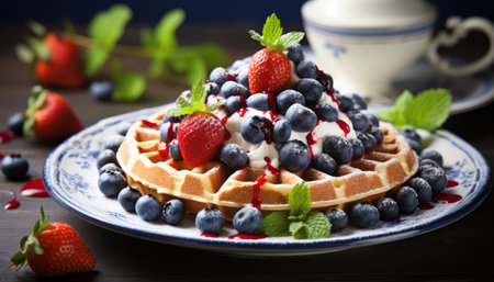 Deliciously tempting waffles with luscious berries, a sweet treat to satisfy cravingsの素材