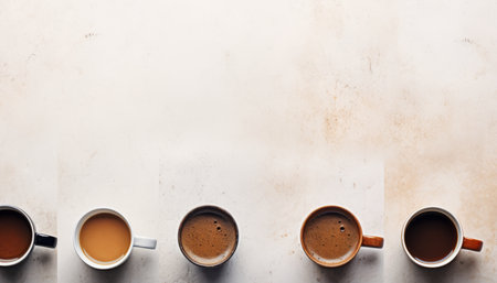 Coffee mugs on white stone table, overhead view, creating an inviting and cozy displayの素材