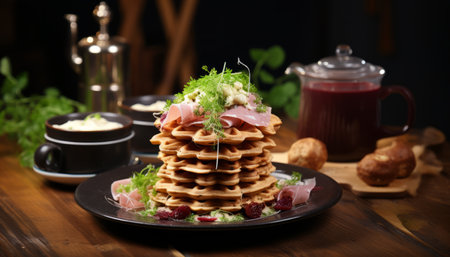 Delectable ham and cheese filled waffles, artfully arranged and ready to be savored with delightの素材