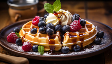 Deliciously tempting waffles with juicy berries   irresistible sweet treat to satisfy your cravingsの素材