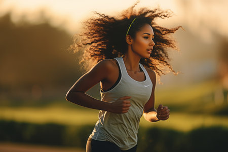 Confident black woman showcases strength during morning run in serene green park at dawn.の素材