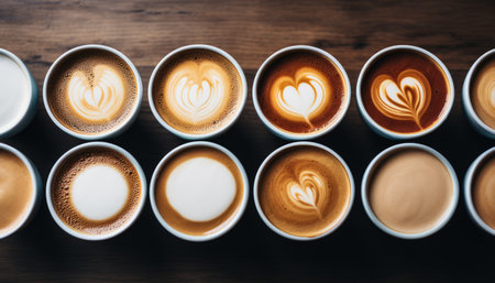 Diverse collection of coffee mugs with captivating overhead view arranged on a rustic wooden tableの素材