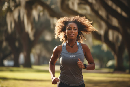 Serene green park morning run of empowered black woman against breathtaking dawn backdropの素材