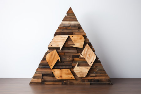 Recycling symbol made of wooden planks on plain background, isolated on light pastel backgroundの素材