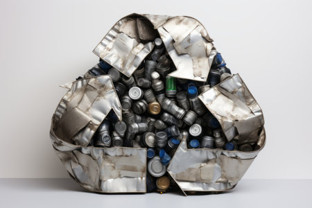 Recycling symbol with aluminum cans on plain background   isolated on light pastel backgroundの素材
