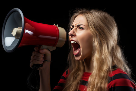 Vibrant young woman passionately screams into a megaphone on a dramatic black backgroundの素材