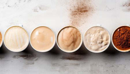 Various coffee mugs arranged on a pristine white stone table, captured from an overhead perspectiveの素材