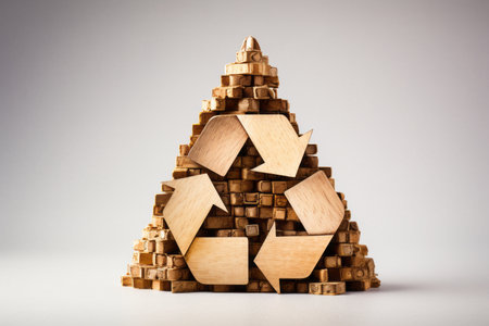 Recycling symbol made of wooden planks on plain background, isolated on light pastel backgroundの素材