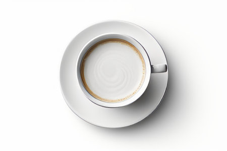 Freshly brewed coffee in ceramic mug with steam rising, top view isolated on white backgroundの素材