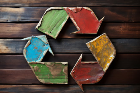 Eco friendly recycling symbol with neatly pressed aluminum cans on a simple plain backgroundの素材