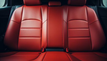 Frontal view of a stunning modern luxury car with captivating red leather back passenger seatsの素材