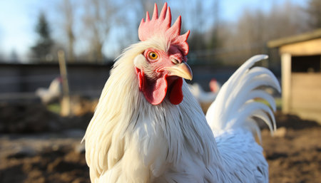 Beautiful ecological giant chicken roaming freely at the domestic farm with chickens at the factoryの素材