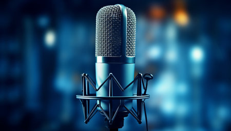Studio microphone on blurred background with audio mixer   musical instrument conceptの素材
