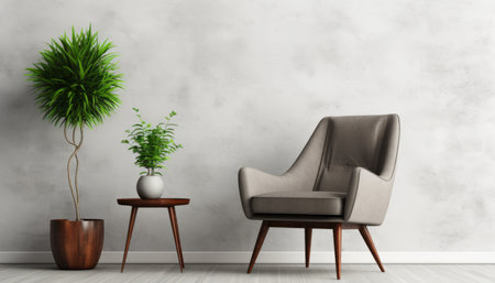 Modern minimalist interior with comfortable armchair on empty white concrete wall backgroundの素材