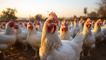Vibrant and sustainable majestic ecological chicken at the domestic farm alongside factory chickensの素材