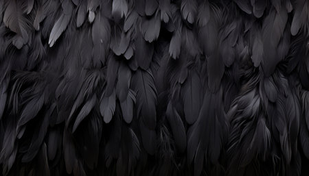 Detailed digital art black feathers texture background with exquisitely rendered big bird feathersの素材
