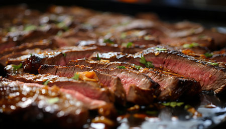 Juicy, tender ribeye steak slices capturing their mouthwatering tenderness and rich flavorの素材