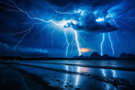 Powerful and dazzling lightning bolt illuminating the dark sky on the horizon of the seaの素材