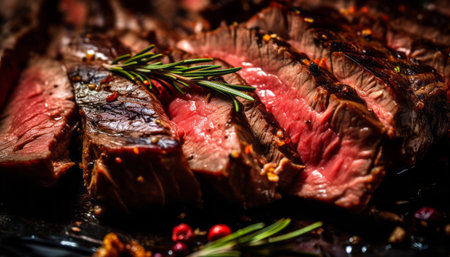 Close up of succulent ribeye steak slices, exuding juicy tenderness and irresistible flavorの素材