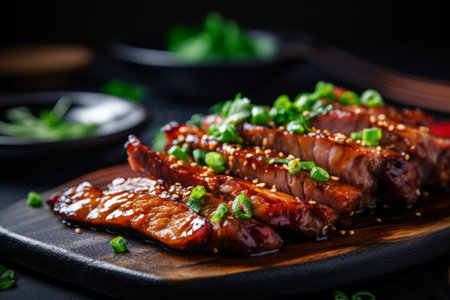 Close up of succulent and juicy roasted barbecue pork ribs with mouthwatering slices of tender meatの素材