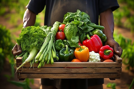 Happy farmer holding box of freshly picked vegetables in front of sunny farm landscapeの素材