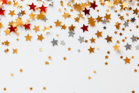 Christmas flatlay background with white decorations for text placement in red, gold, silver colorsの素材