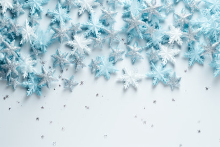 Winter themed christmas decorations on white background top view mockup for blue text placementの素材