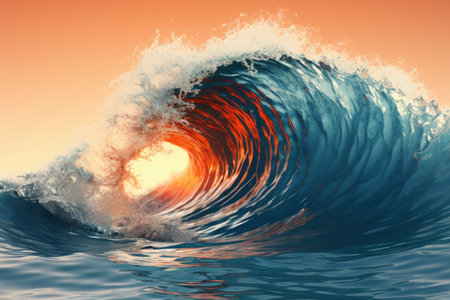 Breathtaking and vibrant ocean wave majestically crashing down at the enchanting time of sunsetの素材