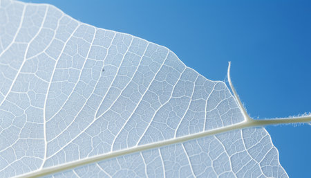 Enchanting botanical art delicate skeletonized white leaf on light blue background with bokehの素材
