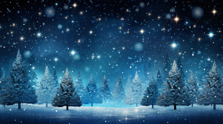 Snowy panoramic winter landscape with glistening fir branches and graceful snowfall in cold colors.の素材