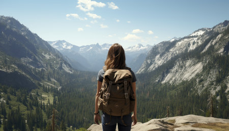 Fearless hiker on majestic mountain, embracing the awe inspiring beauty of untouched natureの素材